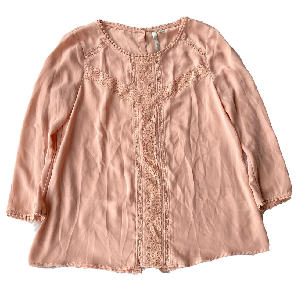 LC Lauren Conrad Womens Sz S Blouse Peach Pink Semi Sheer Floral Applique Lace